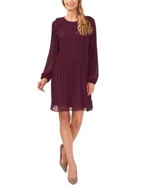CeCe Women's Pleated Front Long Sleeve Crewneck Dress - Rich Cabernet XS